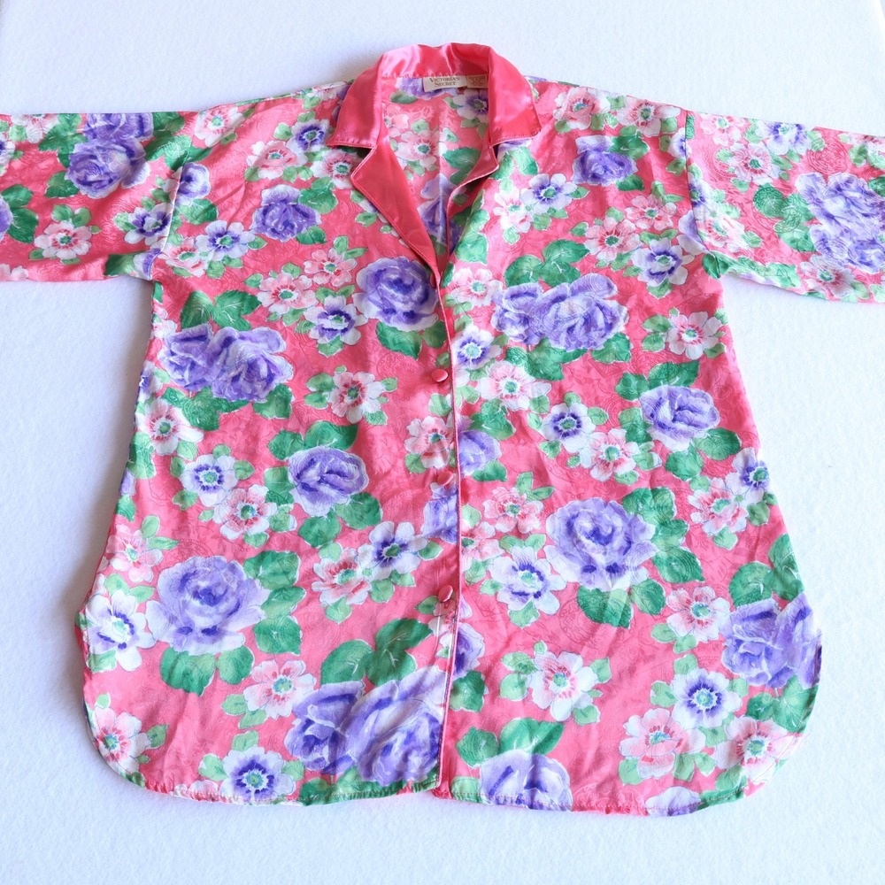 Vintage Victorias Secret Button Down Sleep Shirt Pink Floral M/L